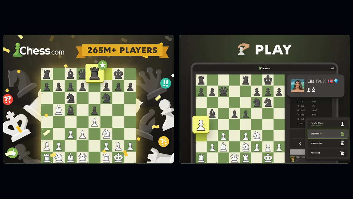 Capturas de ecrã oficiais do Xadrez da Chess.com na App Store: tabuleiro de partida e ecrã de jogo com escolha de nível do adversário