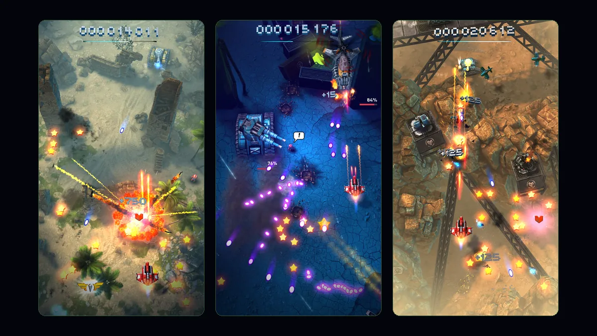 Capturas de ecrã oficiais do Sky Force Reloaded na App Store: a nave a disparar sobre deserto, água e desfiladeiro, com pontuação no topo